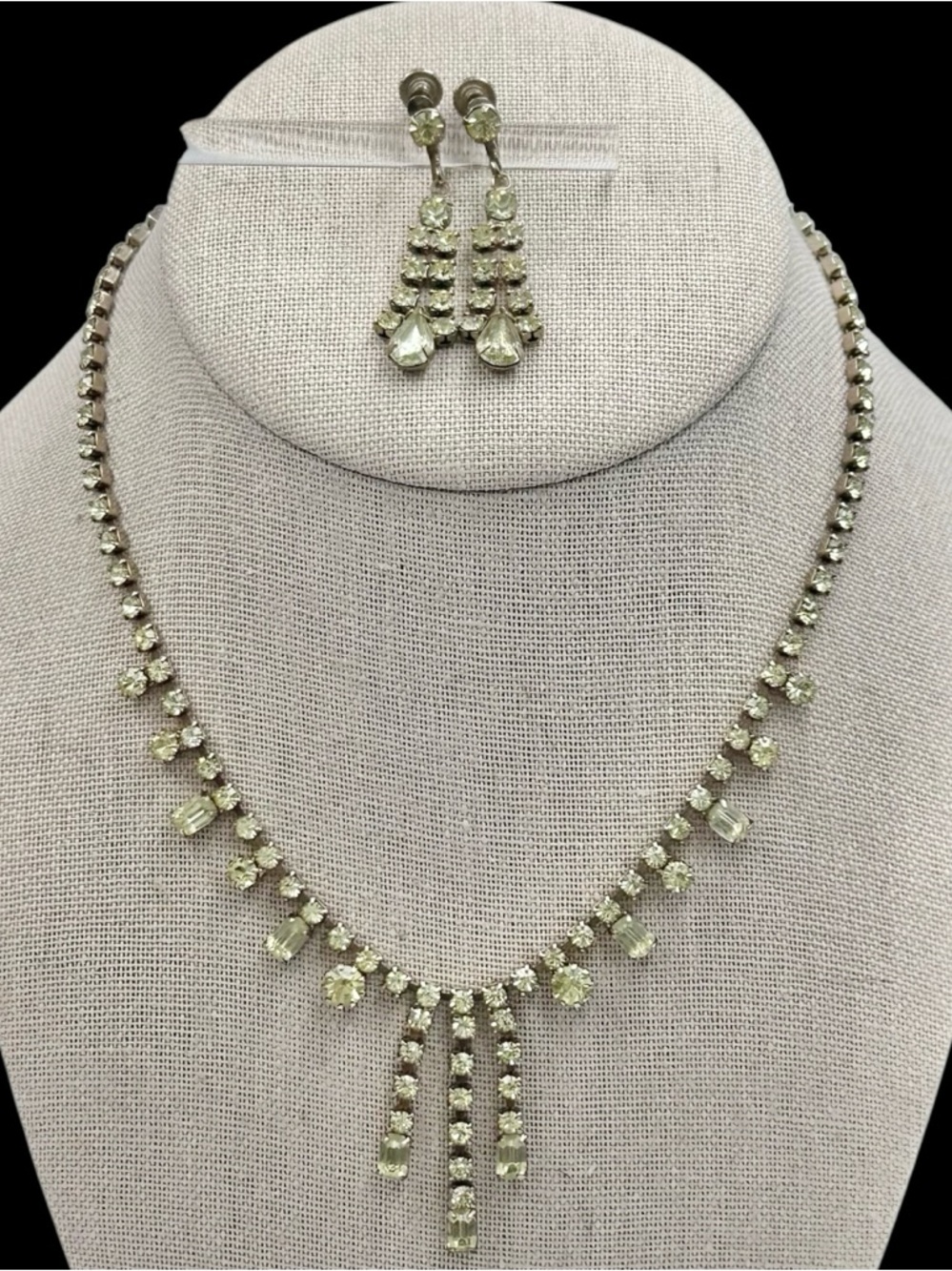 Vintage 40s 50s Yellow Rhinestone Drop Necklace Earrings Set